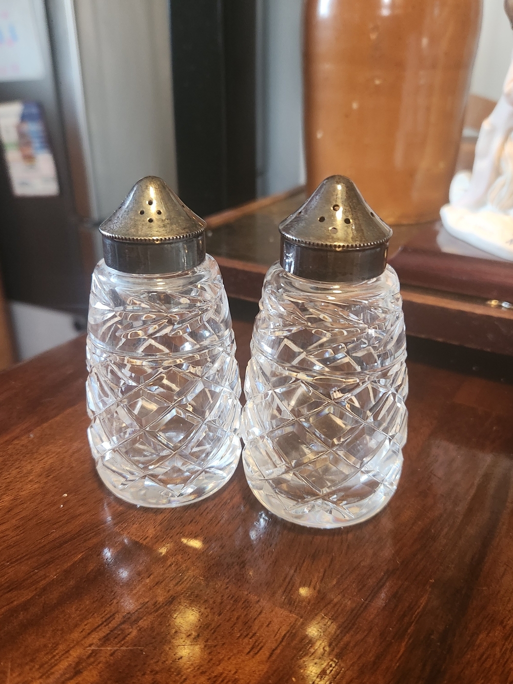 Waterford Crystal Glandore Salt Pepper Shakers EPNS Silverplated Lids Pair